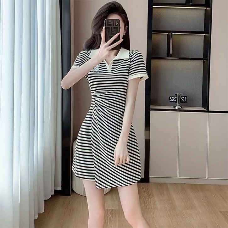 besteffie 스트라이프 카라넥 여성 여름 캐주얼 A라인 원피스 슬림핏 반소매 플레어 비대칭 여자 미니 드레스 K12