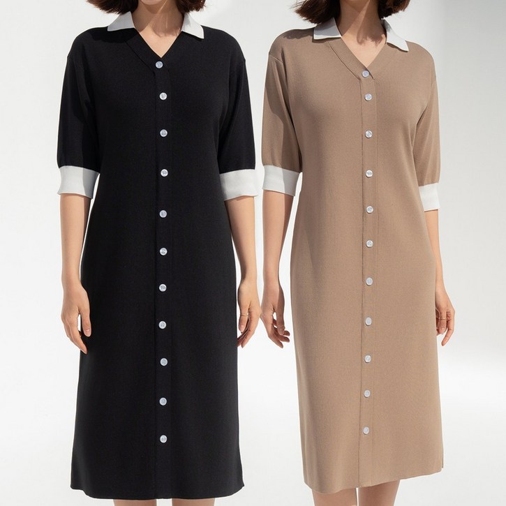 니트코어 여름 찰랑 고퀄원단 모던 배색 카라 단추 원피스 하객룩 미시룩 오피스룩/자체제작