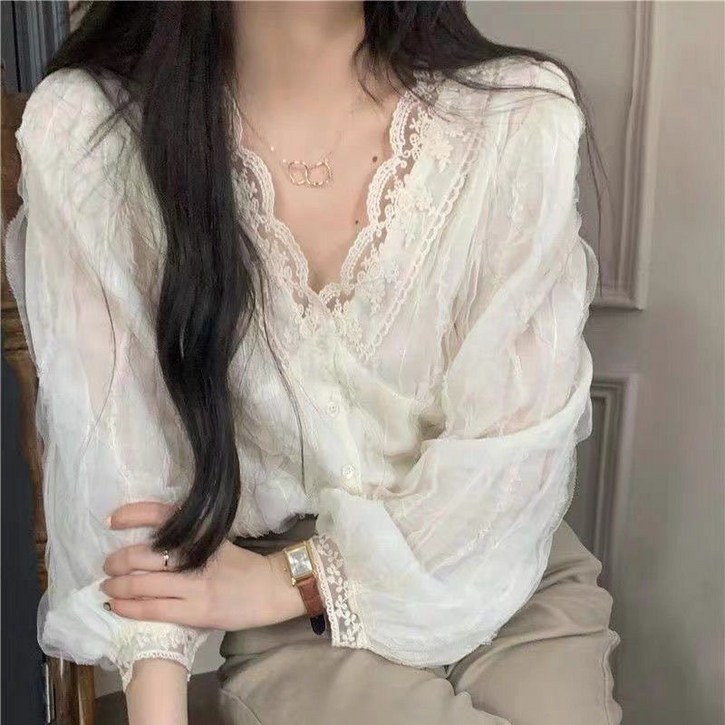 레이스 브이넥 여성 블라우스 퍼프소매 루즈핏 셔링 긴팔 러블리 데일리 봄 가을 블라우스