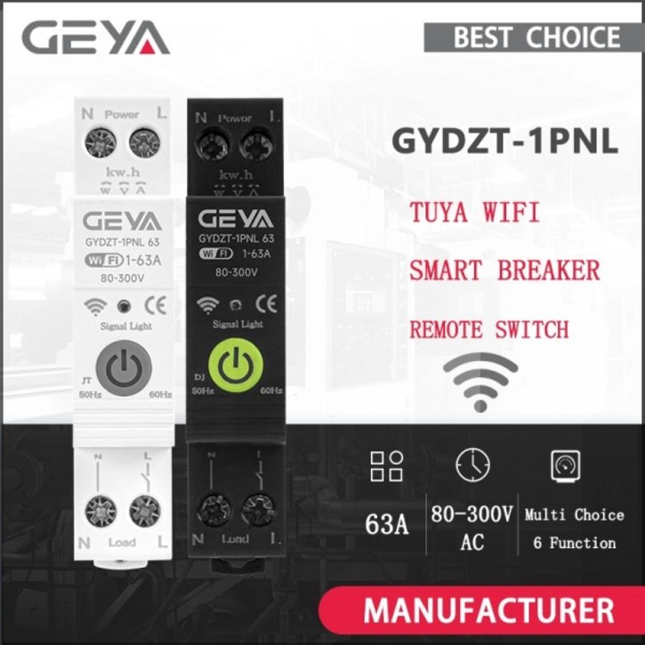 GEYA 투야 와이파이 스마트 회로 차단기 MCB 63A 타이머 전력  kWh 전압 전류 측정기 보호기 스위치