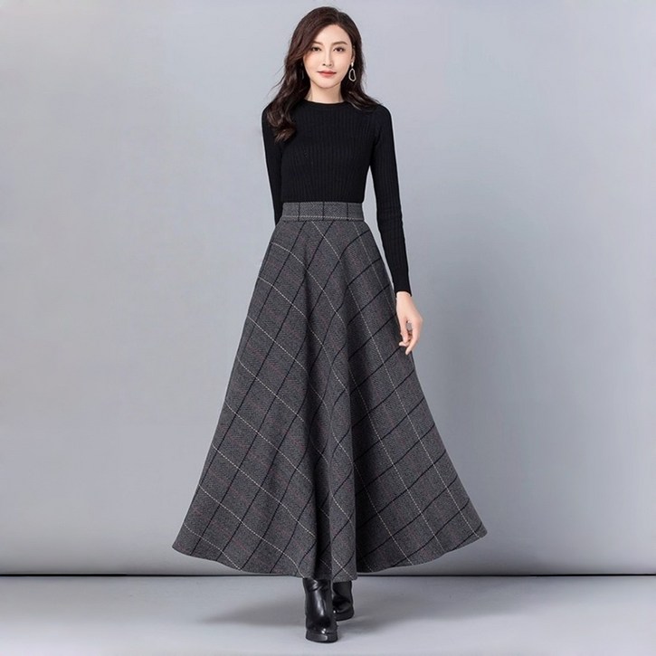 ANYOU 빅사이즈 슬림 체크 스커트 하이웨이스트 A라인 여성 가을 겨울 플레어 기모 롱스커트