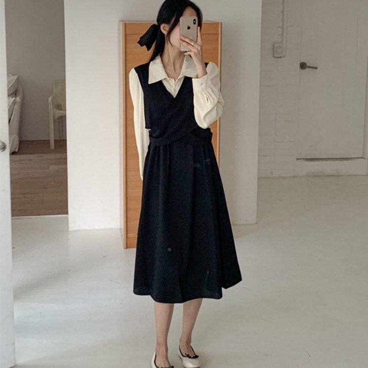 배꼽 D103-9 까데트 빅사이즈 셔츠 레이어드 롱원피스 44-110