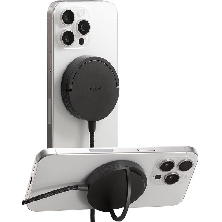Mophie 킥스탠드가 있는 15W 무선 충전 패드  MagSafe 및 Qi2 아이폰 1615141312, 에어팟 프로2세대 3세대와 호환, 통합 케이블이 컴팩트한