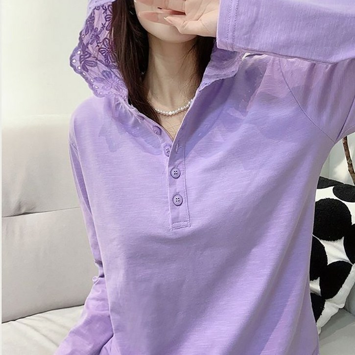예쁜 레이스 후드티 단추 캐주얼 루즈핏 긴팔티 빅사이즈 패치 티셔츠 봄여름