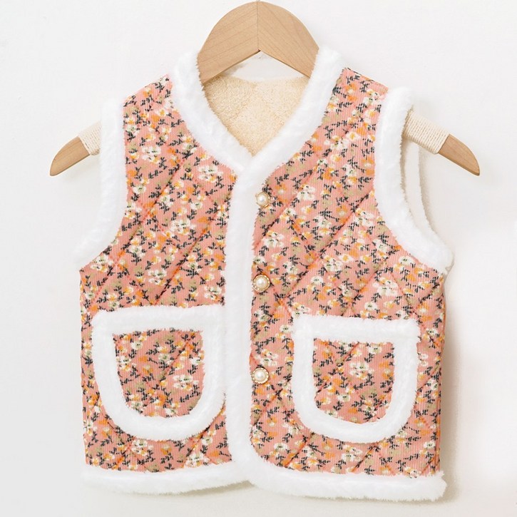 캐리루시 아동 인조 토끼털 골지 누빔조끼 플라워패턴 겨울 포근한 따뜻한 베스트