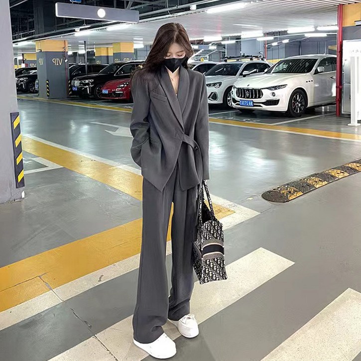 빛나는 판다여성 오버핏 정장 자켓 와이드팬츠 투피스 세트 루즈핏 벨트 하객룩투피스 출근룩 면접 캐주얼 트렌치 셋업 수트 투피스빛나는 판다