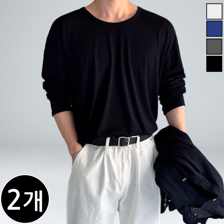 [1+1] 남성용 오버핏 U넥 실켓 긴팔 티셔츠 (6130-2)