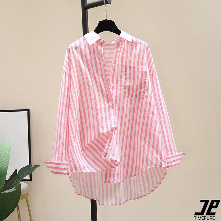 봄 여름 긴팔 셔츠 여성 캐주얼 세로 줄무늬 루즈핏 셔츠 여성 외출용