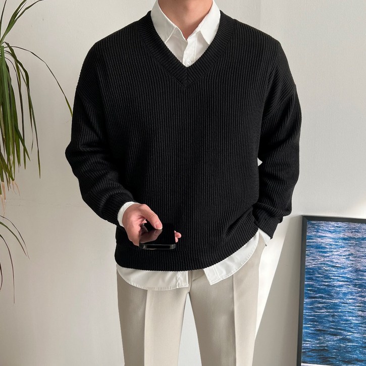 남자 제인드 브이넥 오버핏 니트 긴팔 스웨터 티셔츠 옷 가을 겨울 간절기 옷 코디 10