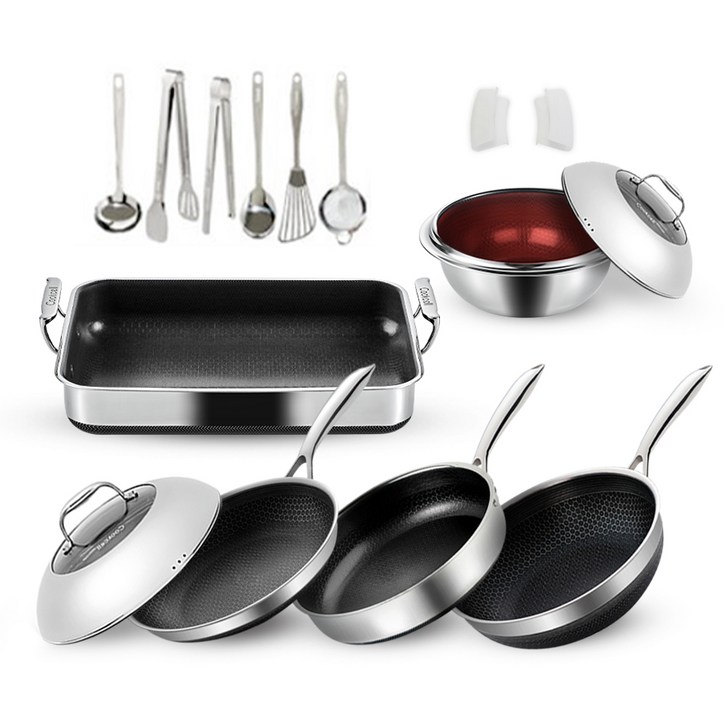 쿡셀 인덕션 7세대 IH 세라믹 블랙에디션 세트, 혼합색상, 프라이팬 28cm  소테팬 28cm  궁중팬 28cm  사각멀티팬 30cm  가마솥 22cm  뚜껑 22cm  뚜껑 28cm  키친툴 6종, 1세트