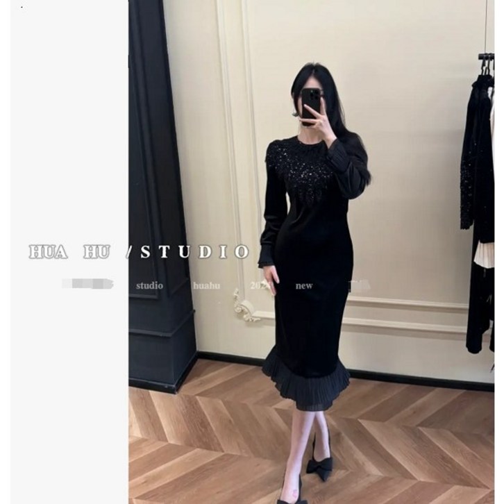 그루밍 grooming 여성 겨울 봄 고급 비단 레이스 카라 롱 머메이드 하객룩 원피스