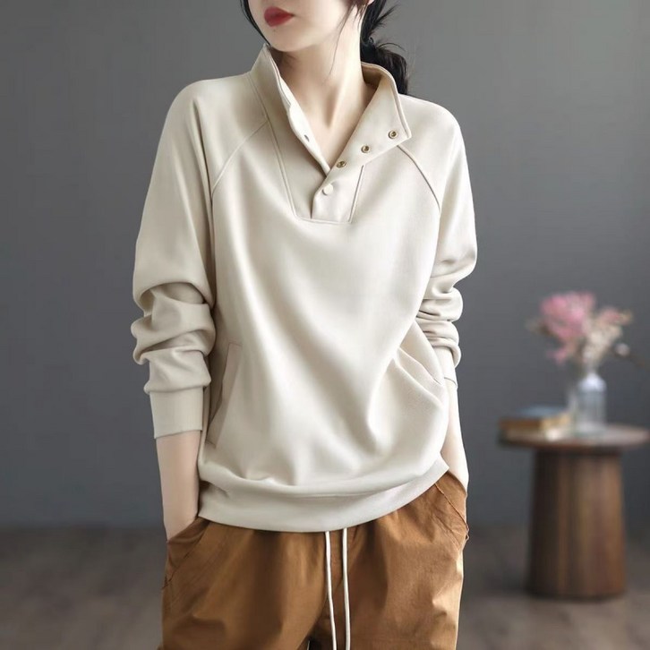 SAHINER 봄가을 여성 버튼 오버핏 루즈핏 맨투맨 데일리 캐주얼 스웨트셔츠 BWY20