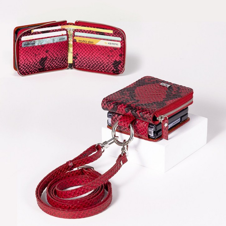 본아띠 DOLCE 천연소가죽 아나콘다 지갑형 지퍼 힌지보호 갤럭시 Z플립 케이스