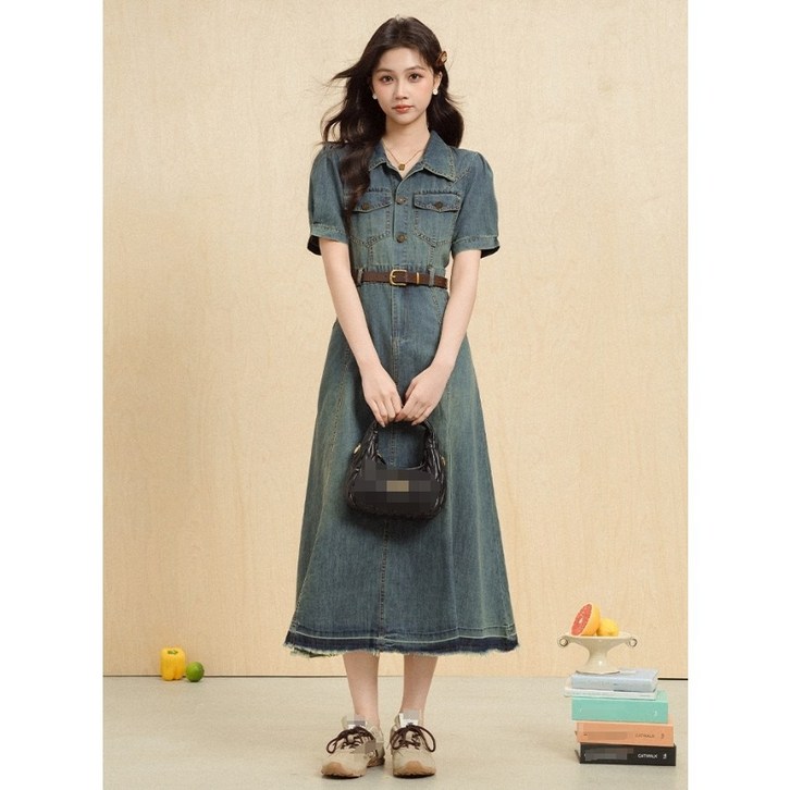 옷깔난다 모던 카라 A라인 데님 원피스 롱기장 반팔 청원피스 벨트 포함 라리즈원피스