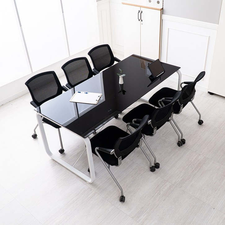 데임A 회의테이블 의자세트 사무용 철제책상 의자세트 1200 1500 1800 2000 2100, 블랙다리/화이트유리+로라블랙4