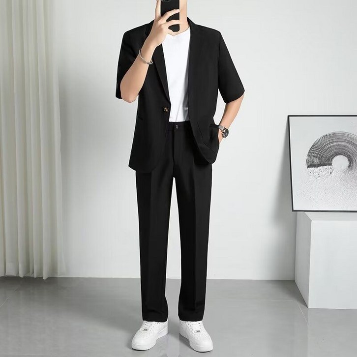 WEIHAN 여름 남자 정장  통기반발양복세트  경량반팔긴바지 2종세트 통근세트 가성비 데일리룩