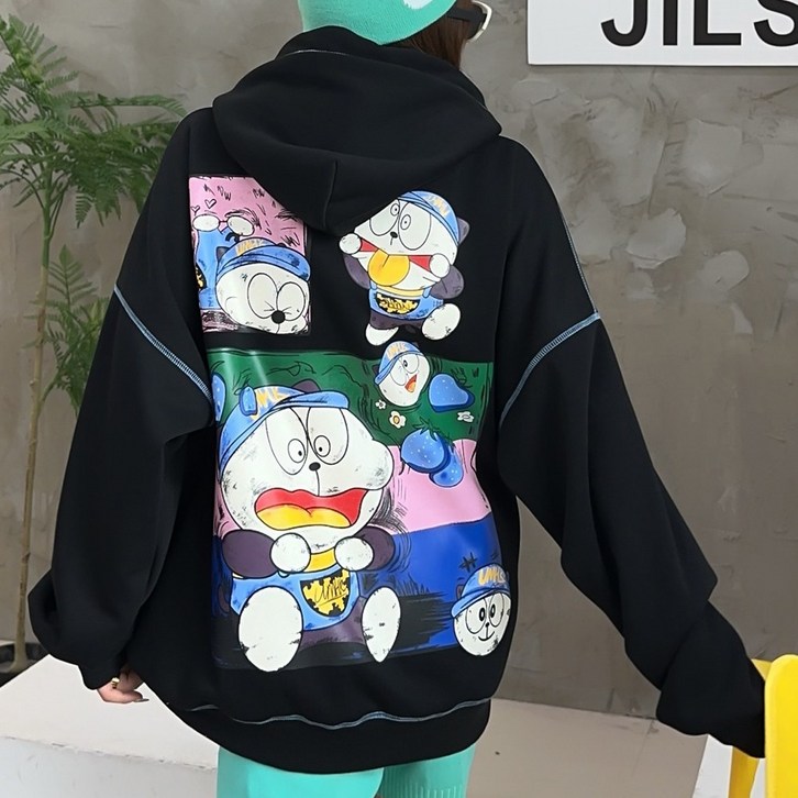 여자 고양이 프린팅 오버핏 후드 긴팔 티셔츠_3color