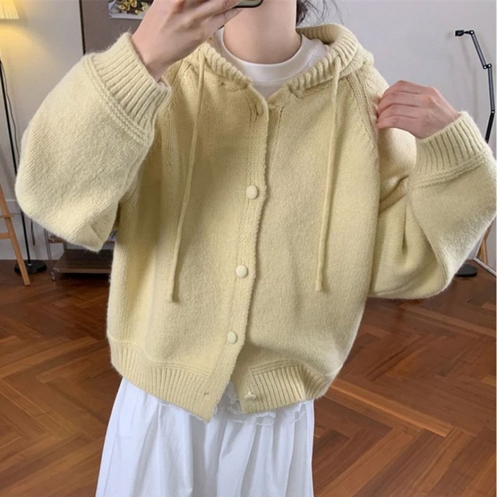 쁘띠꼬모 여성 후드 버튼 니트 가디건 루즈핏 데일리 베이직 HLD5101836