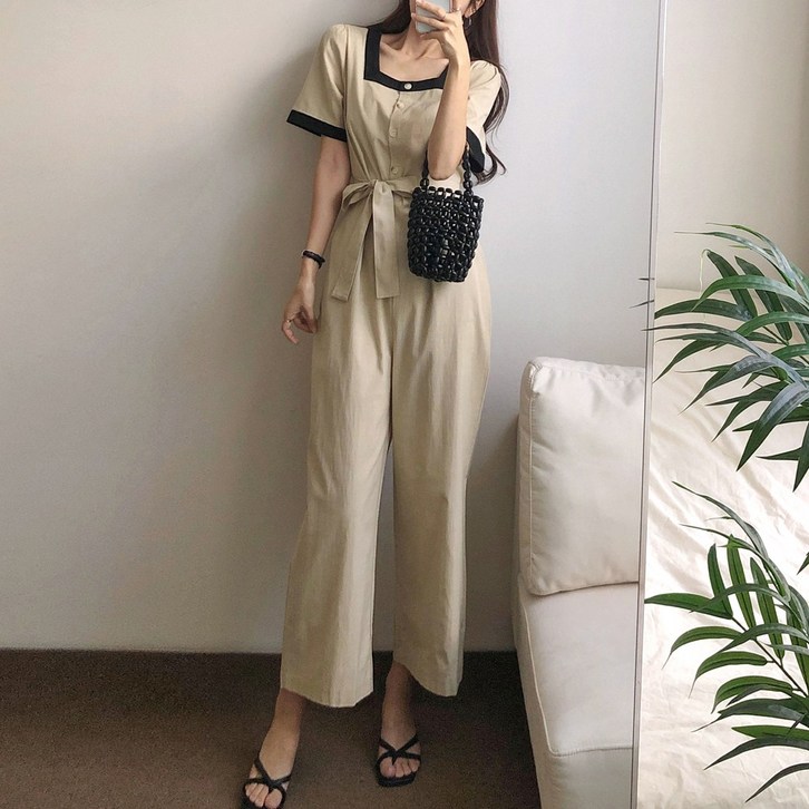 요시아나 당일발송 세련된 루칼리스 배색 스퀘어넥 허리끈 점프수트 2컬러