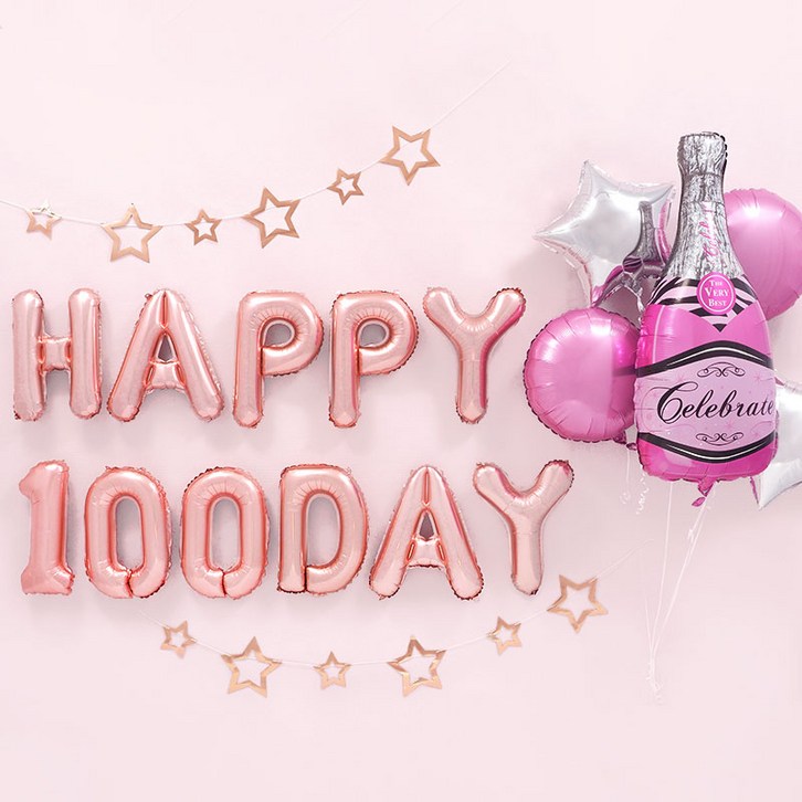 백일파티 장식세트 [샴페인병 핑크 HAPPY 100DAY 로즈골드] 손펌프증정 파티용품 파티풍선 프로포즈 이벤트 웨딩 기념일, 1개