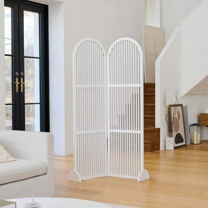 까사라움 원목 인테리어 라운드 스트라이프 1600 2단 접이식 공간분리 파티션 3color