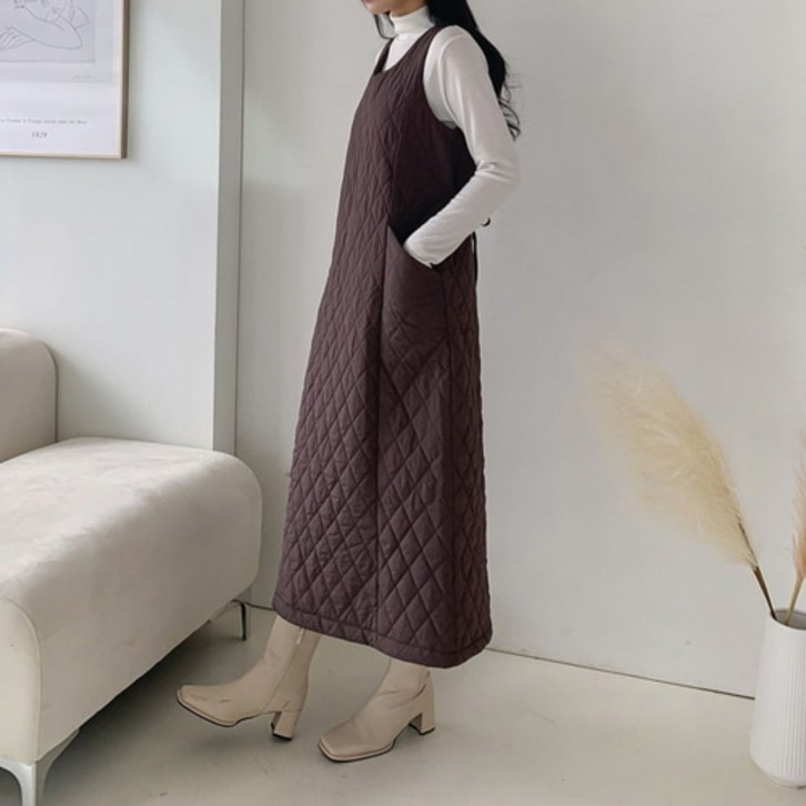 여성 누빔 민소매 조끼 롱 원피스 국내제작 4477