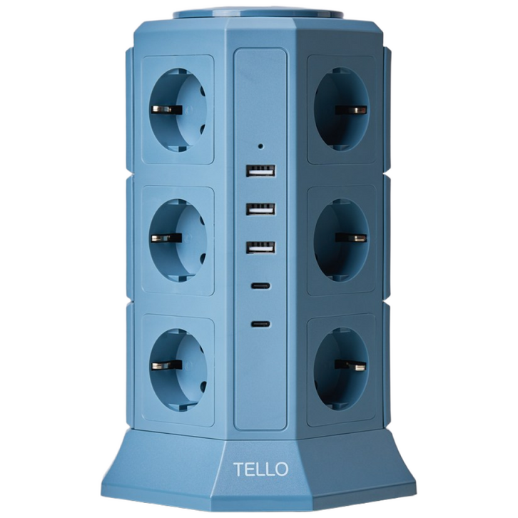 텔로 에디션 타워 멀티탭 17구USB3,CTYPE2 KC인증 접지 안전 고급 멀티탭 선정리 가능한 인테리어 귀여운 디자인 예쁜색상, 2m, 딥블루, 1개