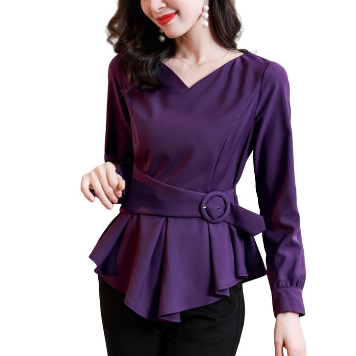 ROYALBELLE 여성용 브이넥 긴팔 벨트 디자인 심플 슬림핏 집업 쉬폰 블라우스 K0102818