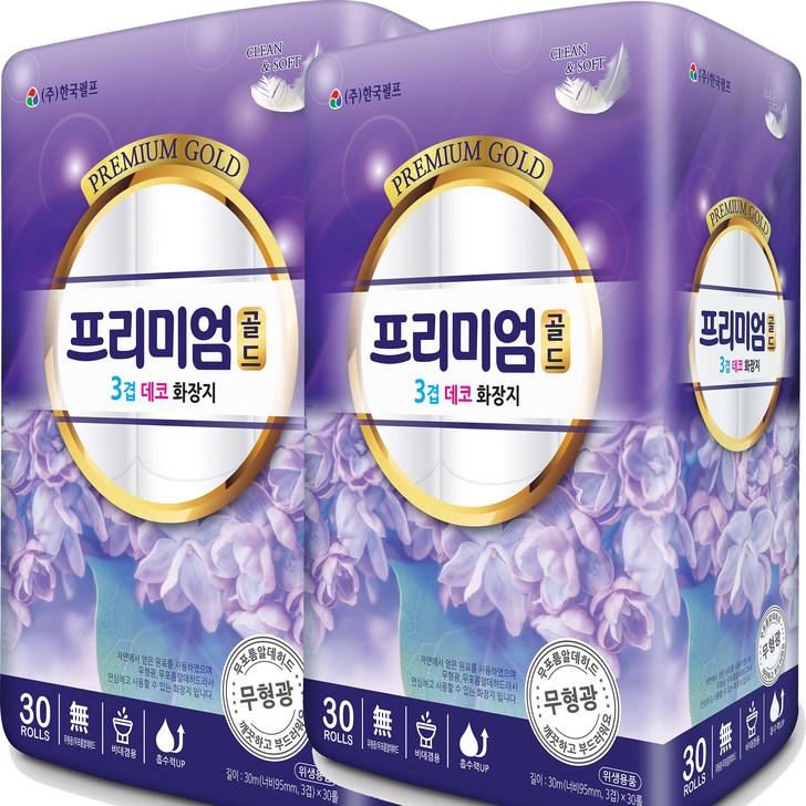 프리미엄골드3겹 데코 화장지 천연펄프 함유 30M 30롤, 2개