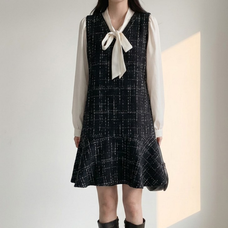 빅사이즈 여성 트위드 레이어드 원피스 D1175 딘에이