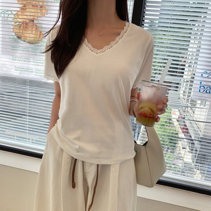 미아마스빈 루쉬 레이스 반팔 티셔츠 301323