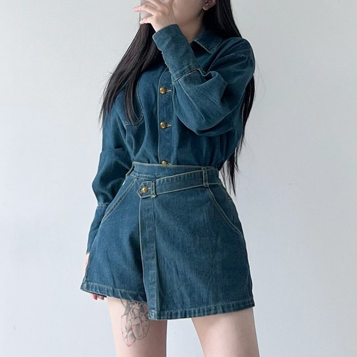 핑크버터 002220 투피스SET티니 데님 투피스 세트 치마바지 뒷밴딩 허리밴딩 청자켓 셋업 미니스커트 청치마 하객룩 코디세트