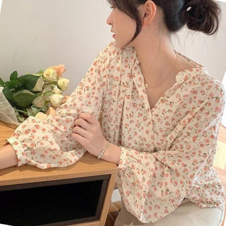 플라워 패턴 봄 블라우스 오피스 룩 오버핏 티 셔츠 678000EA