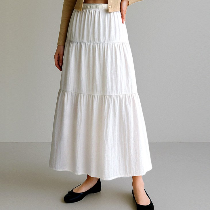 스토리원 여성 삼단 셔링 밴딩 롱 스커트 치마 WMSSSK005