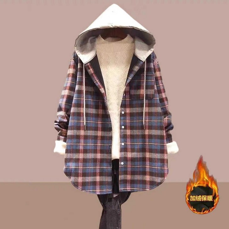 에버모스트 여성용 기모 시크한 체크 무늬 후드 셔츠 캐주얼 루즈핏 남방