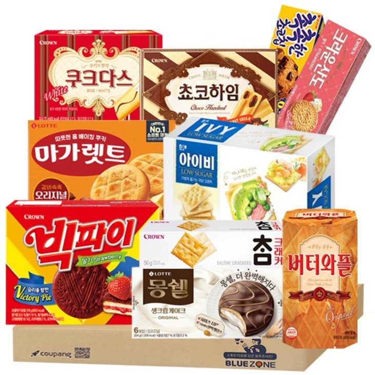 블루존 인기 파이과자 10종 세트 촉촉한초코칩몽쉘 생크림마가렛트빅파이버터와플아이비쿠크다스화이트참크래커딸기산도초코하임