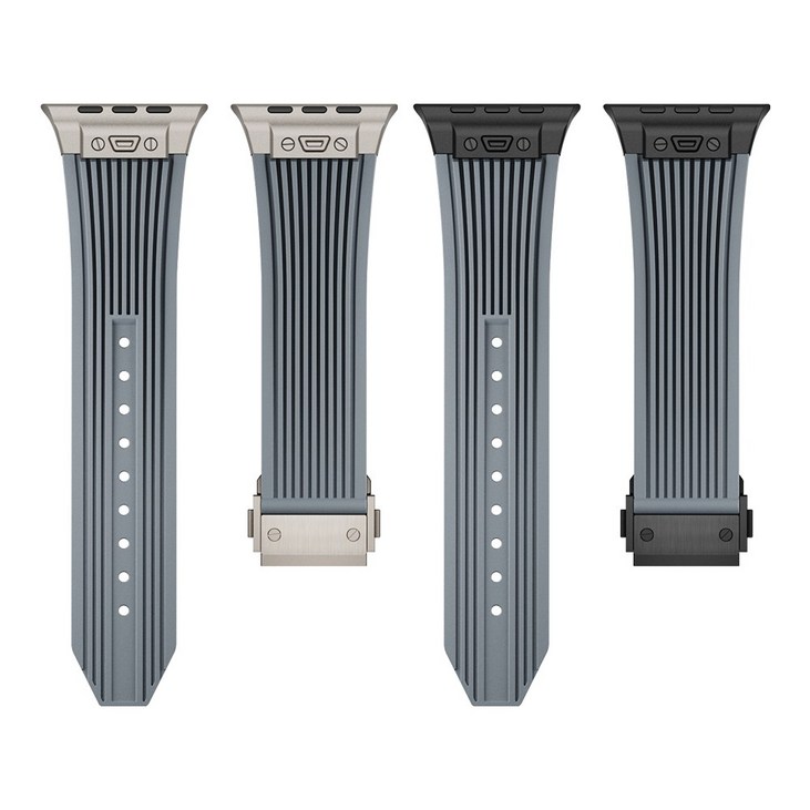 엔인원 애플워치 호환 실리콘 스트랩 메탈 디버클 시계줄 스트라이프 디자인, 블랙그레이