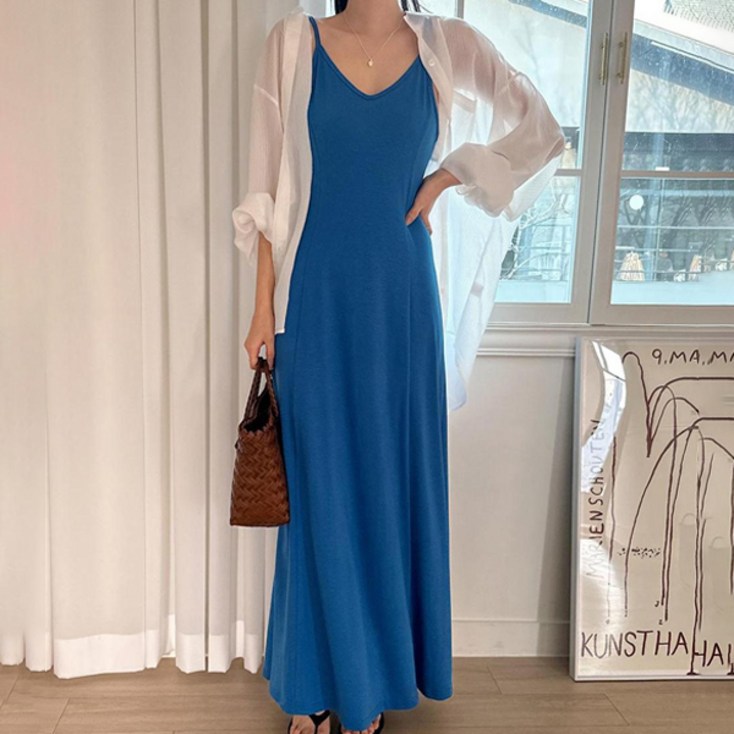 세이스타일 여성용 소프트 끈나시 절개 플레어 롱 원피스