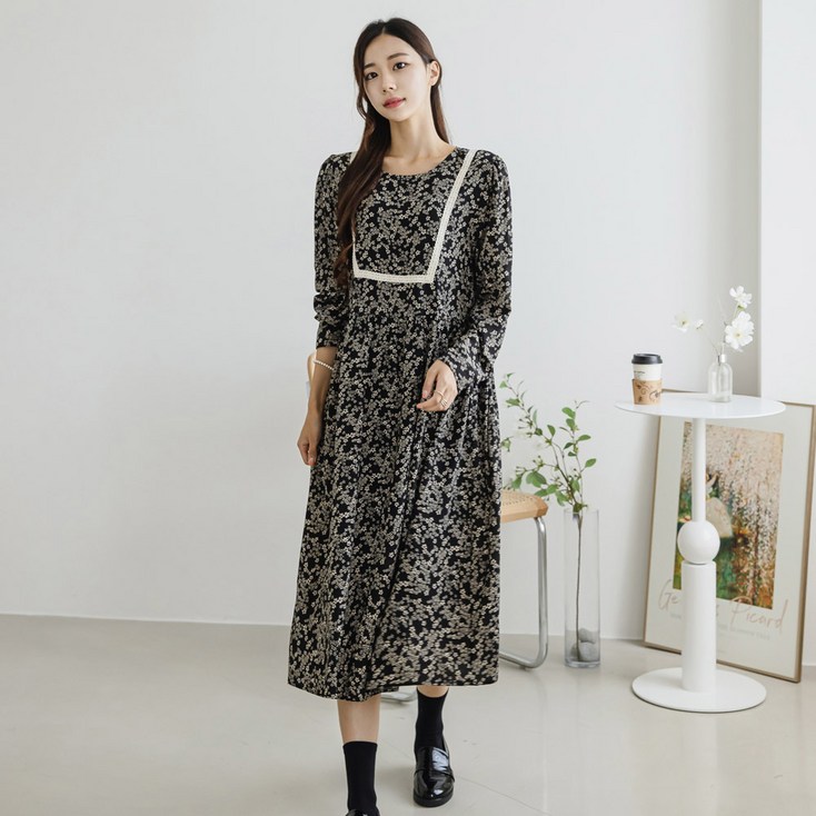 헤링본 긴팔 플라워 레이스 자수 롱원피스 HE085