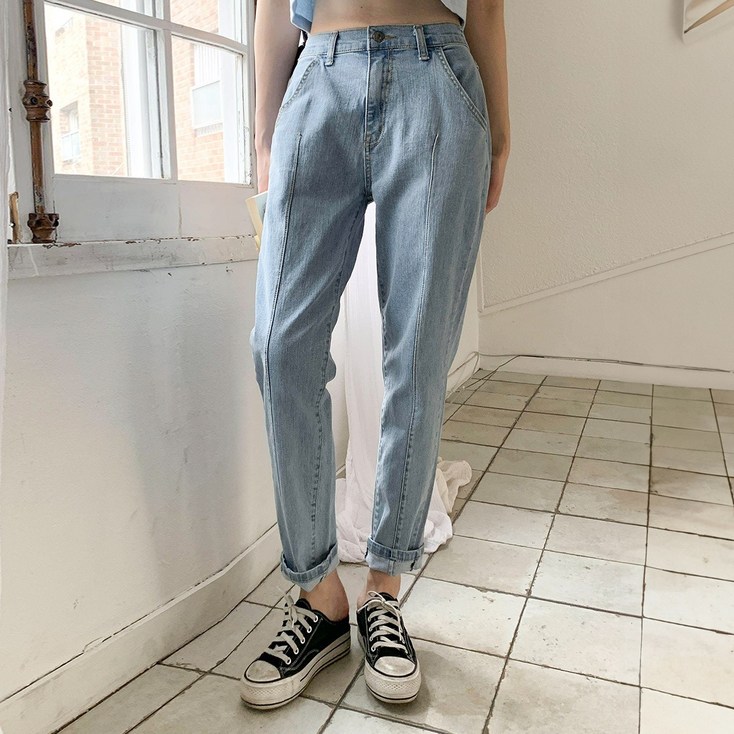 시크블랙 여성용 홀란도 절개 라인 배기 데님 팬츠 cppt15036k54