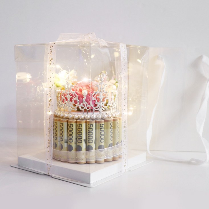 용돈박스 비누꽃 생신 생일 용돈 왕관돈케이크  전용쇼핑백  페이크머니  LED전구