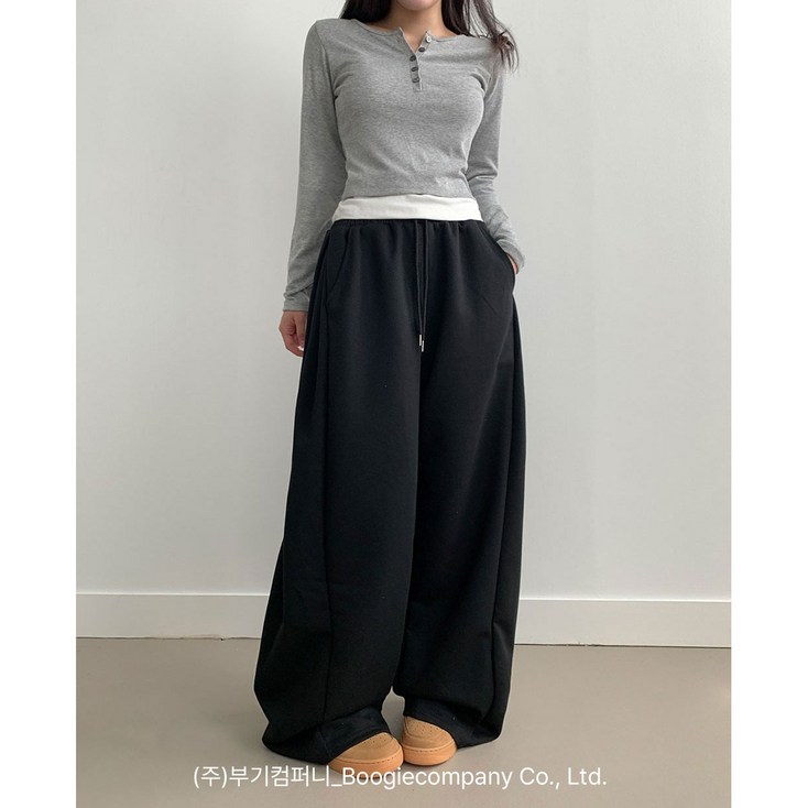 부기샵 군살커버 퍼트 사이드 폴링 핀턱 와이드 트레이닝 롱팬츠숏기장