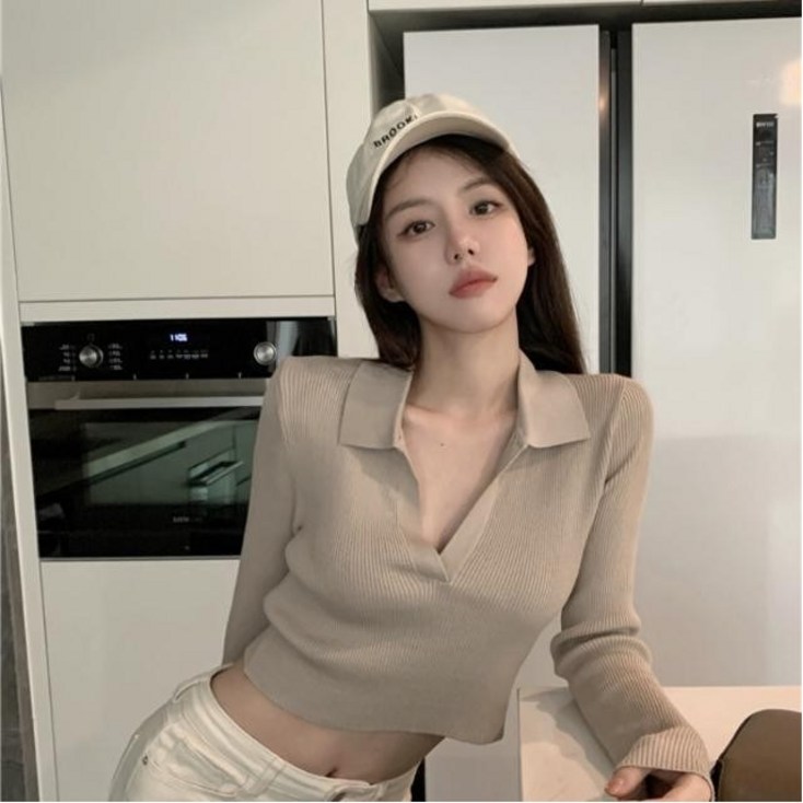 예쁨시전 긴팔 브이넥 카라 숏 크롭 티셔츠