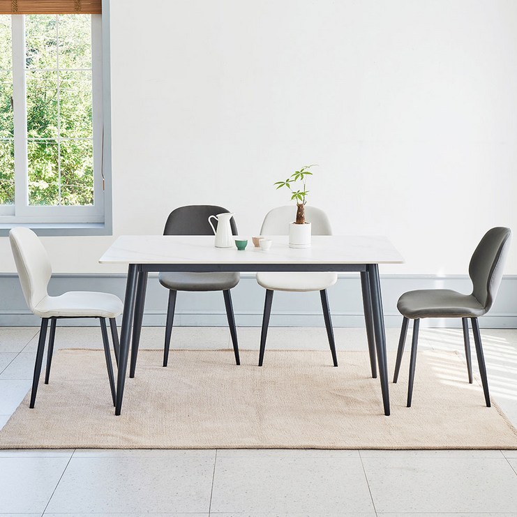 유씨엠 천연 포세린 통 세라믹 4인 식탁세트 (테이블+의자4), 레이나 화이트 그레이 4EA