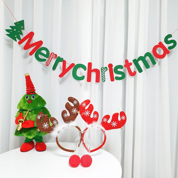 크리스마스 소품 장식 가랜드 트윈 루돌프 머리띠 코 세트, 가랜드루돌프 머리띠2개루돌프코2개
