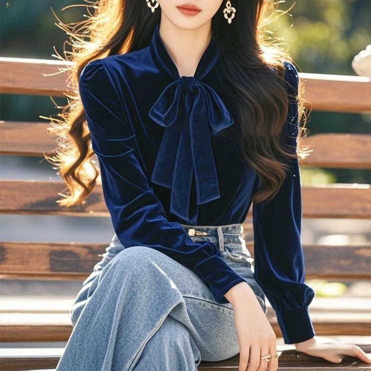 besteffie 여성 가을 겨울 긴팔 벨벳 셔츠 우아한 리본타이 블라우스 K18 besteffie 여성 가을 겨울 긴팔 벨벳 셔츠 우아한 리본타이 블라우스 K18