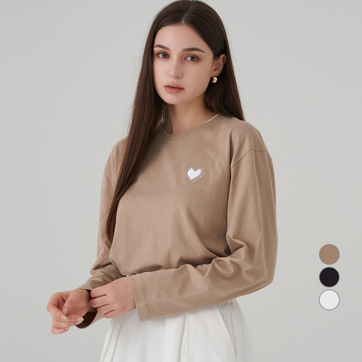 ELLE PARIS 여성용 하트 자수 릴렉스핏 긴팔 티셔츠 ELLE PARIS 여성용 하트 자수 릴렉스핏 긴팔 티셔츠