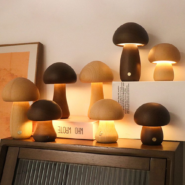 KELAKE 목재 버섯조명 LED 무선 충전식 감성 무드등 LED 인테리어 조명 수면등 취침등 수유등 램프, 짙은 색