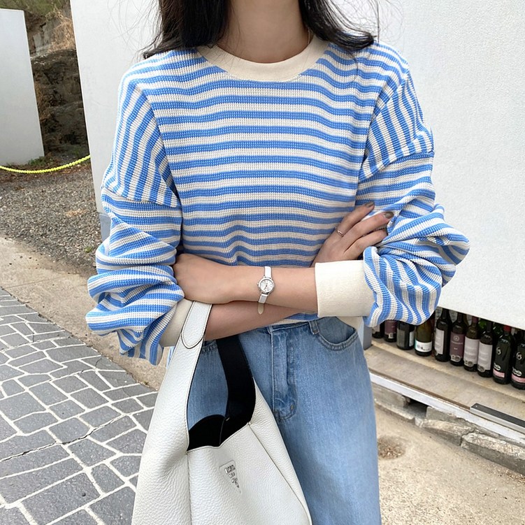 미아마스빈롱썸 스트라이프 배색 맨투맨