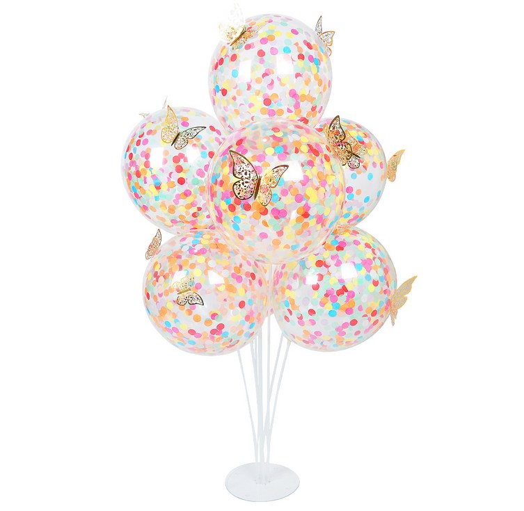 파티쇼 풍선꽂이 70cm 컨페티 풍선 레인보우 1개  나비데코 2개 세트